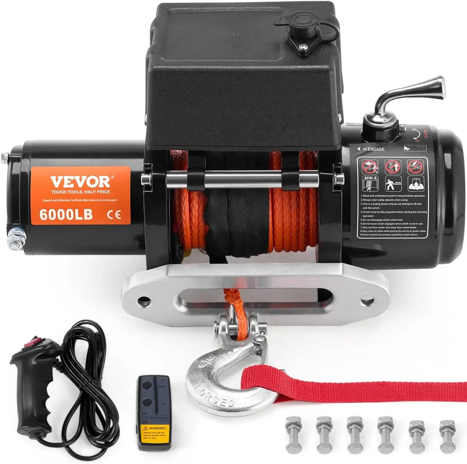 VEVOR 6000 lb 1/4 Electric, 12V DC Winch with Φ1/4 in x 55 ft Synthetic Rope Aluminum Fairlead Wireless & Wired Remote Control,