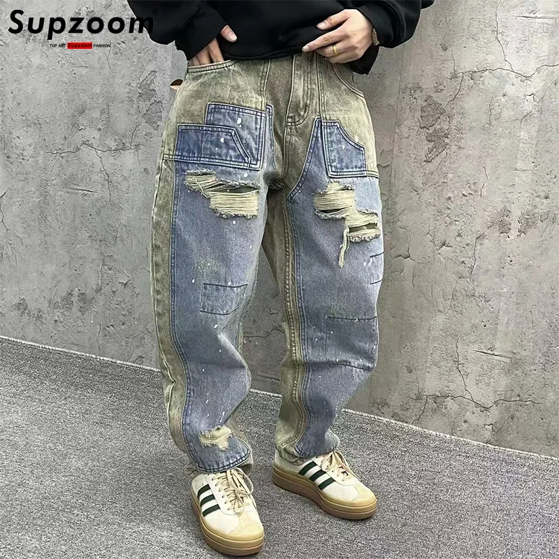 

Supzoom New Arrival Hot Sale Top Fashion Autumn Zipper Fly Stonewashed Casual Patchwork Cargo Denim Pockets Cotton Jeans Men
