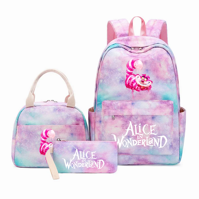 3Pcs/Set Alice in Wonderland Backpack Colorful Bag Boys Girls School bags Teenager with Lunch Bag Travel Mochilas Sets