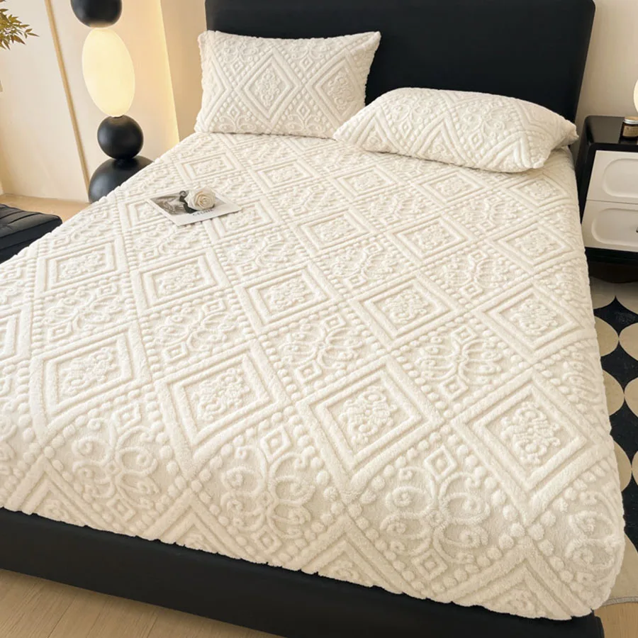 1pc Winter Warm Bed Sheet with Elastic Band Single/Queen/King Mattress Cover Thick Coral Fleece Fluffy Fitted Bed Sheets for Bed