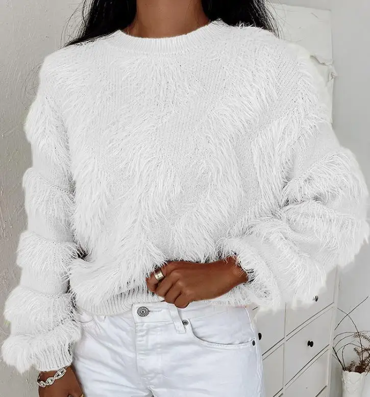 Winter Women\'s New Fashion Casual Fluffy Tassel Design Long Sleeve Round Neck Acrylic Sweater Pullover Jumper Solid Top 2023