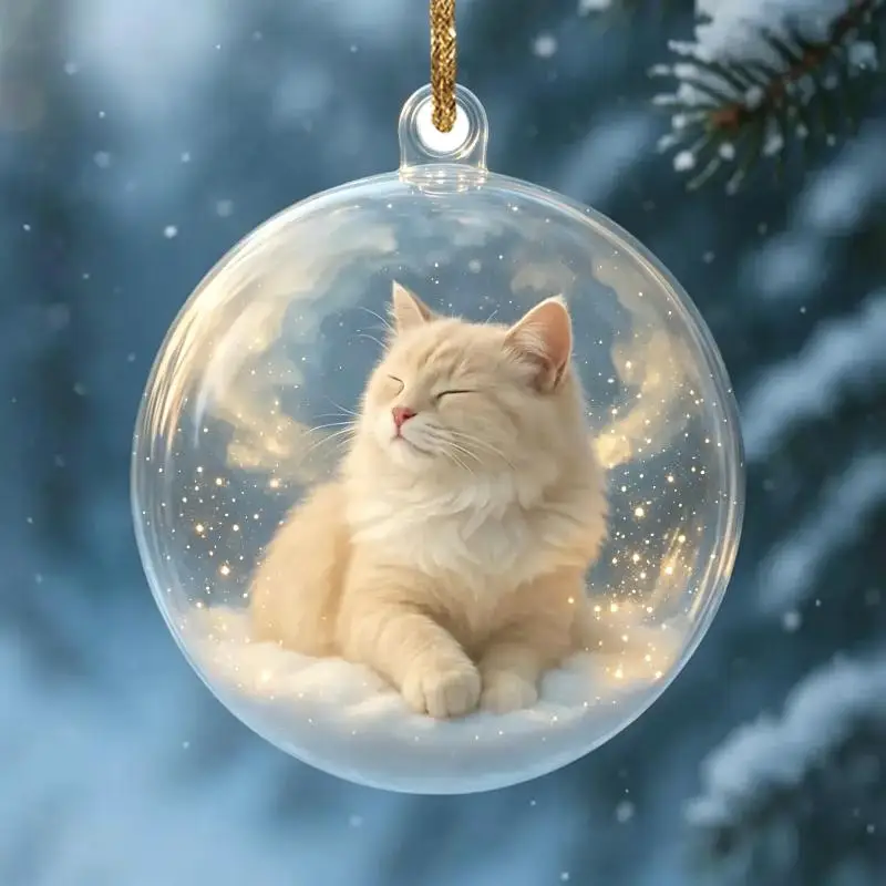Clear Acrylic Christmas Ornament Cute Sleeping: Cat Pattern Shiny Details Tree Decor Lovers Gifts