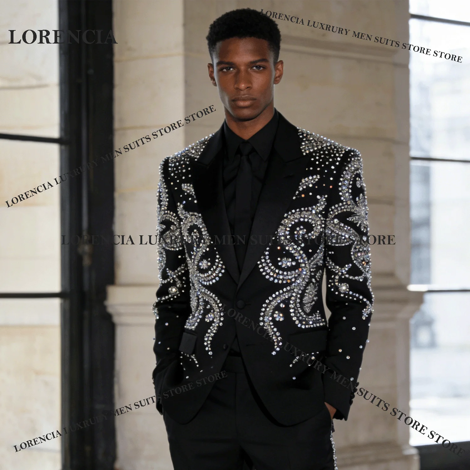 

Handsome Customized Men Diamond Design Suits Sparkly Wedding Tuxedos Sparkle Slim Ropa hombre 3 Pieces Sets Groom Male Blazers