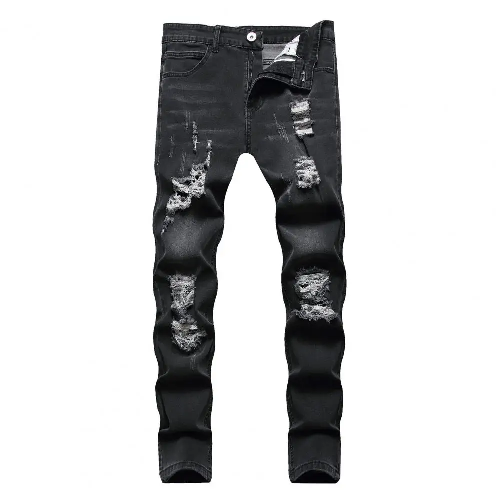 

Men Jeans Ripped Holes Slim Fit Trousers Button Zipper Closure Mid Waist Hip Hop Streetwear Men Long Pants