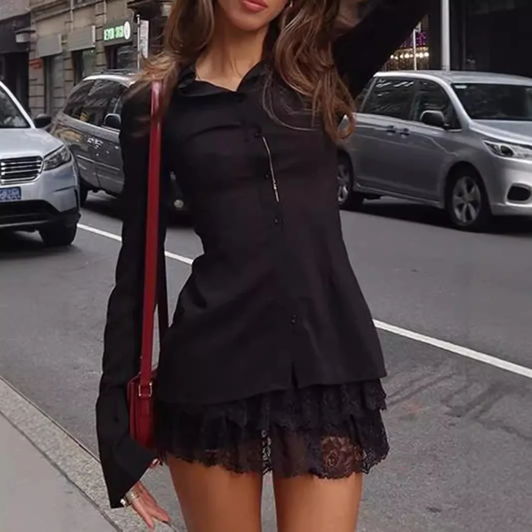 

Temperament black long-sleeved shirt, lace slim-fitting and thin dress, high-end Spice Girl skirt, fashionable and simple temper