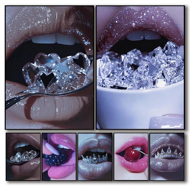 Luxury Woman Glamorous Lip Posters Fashion Glossy Diamonds Cherries Prints Canvas Painting Wall Pictures Home Living Room Dec