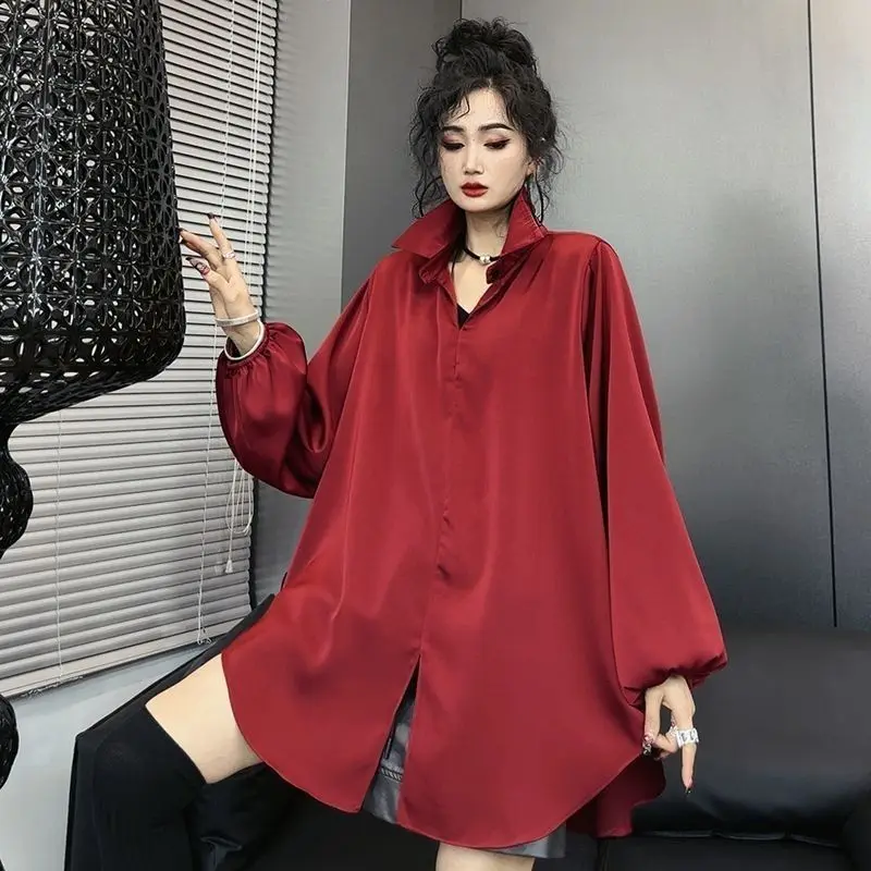 

Women's Burgundy Satin Oversized Long Sleeve Shirt with Split Hem