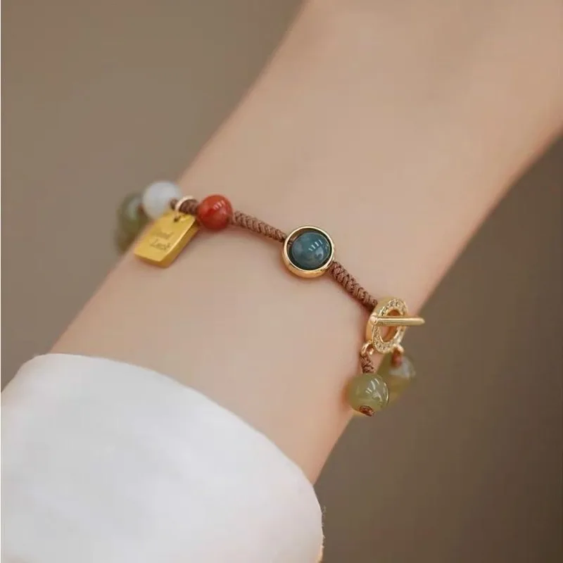 

Китайский винтажный натуральный жадеитовый агат ручной работы, нефритовый браслет на удачу, плетеный шнур, легкий роскошный регулируемый женский ювелирный браслет