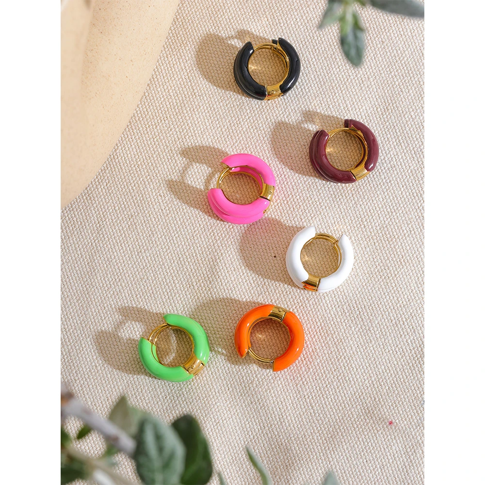 Yhpup 20mm Trendy Orange Green Enamel Stainless Steel Round Hoop Huggie Earrings Waterproof Charm Fashion Daily Jewelry Women