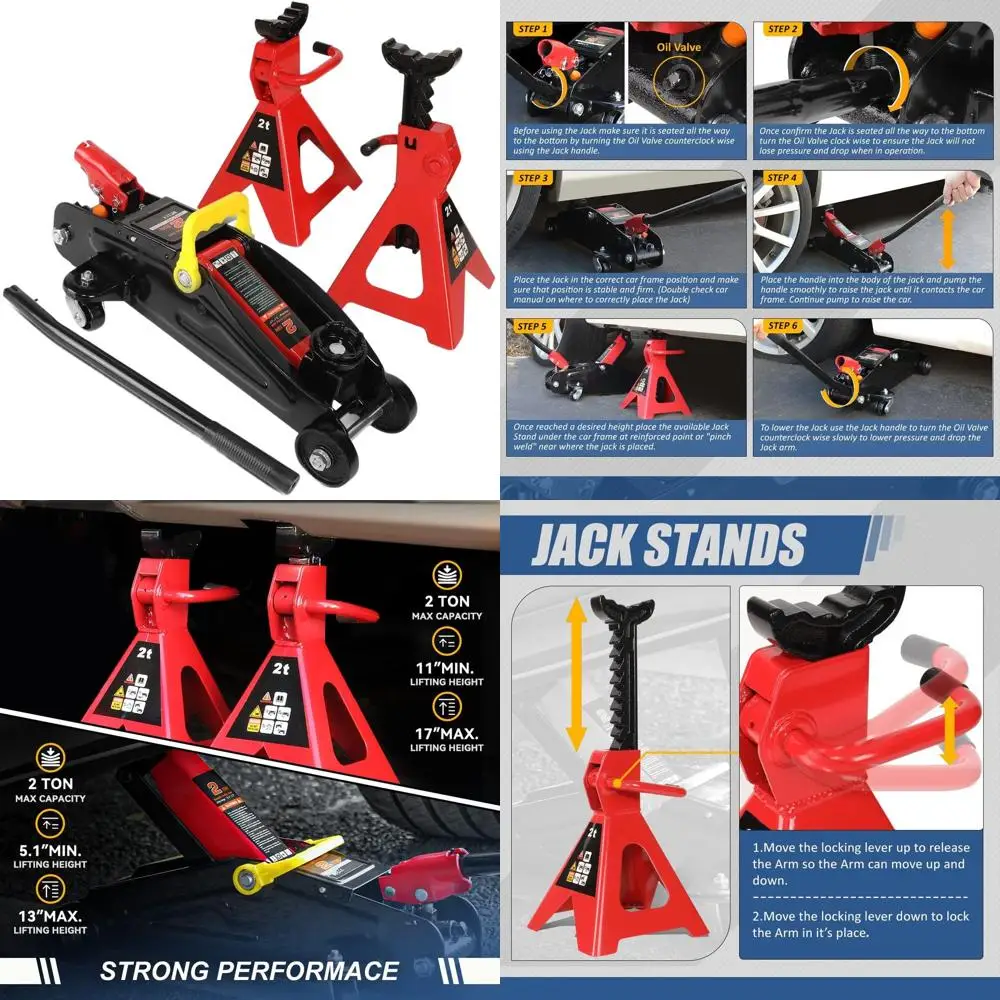 

2-Ton Heavy Duty Steel Racing Floor Jack with Quick-Lift Pump and Jack Stands, Red/Black
