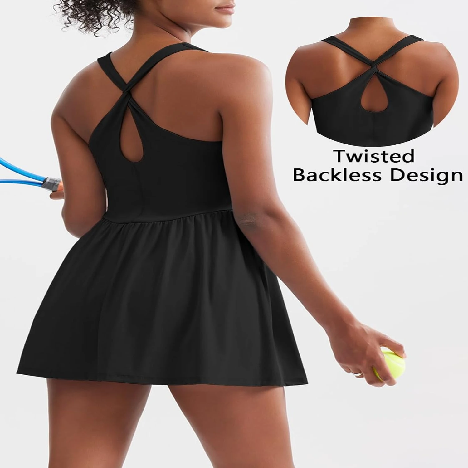 

Stylish Sexy Athletic Tennis Dress for Active Women - Sleeveless Square Neck Golf and Workout Dress with Built-in Shorts and Bra