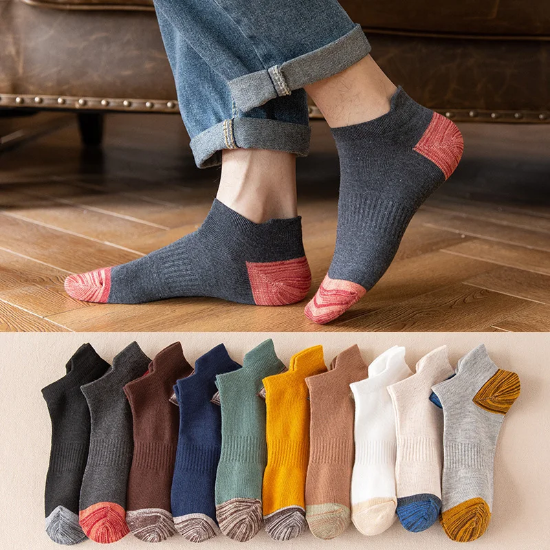 10 Pairs Men Socks Spring Summer Splicing Color Breathable Cotton Men's Low Cylinder Socks Casual Sports Shoes Short Tube Socks