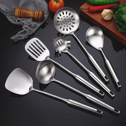 1Pc Silver Stainless Steel Kitchen Cooking Tools Frying Spatula Soup Spoon Hollow Handle High Temperature Resistance Kitchenware