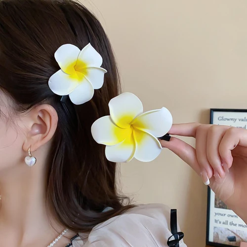 여성용 노란색 꽃 헤어 사이드 클립, 플라스틱 꽃잎 머리핀, 달콤한 금속 헤어 클립, 해변 휴가 헤어 액세서리 선물 