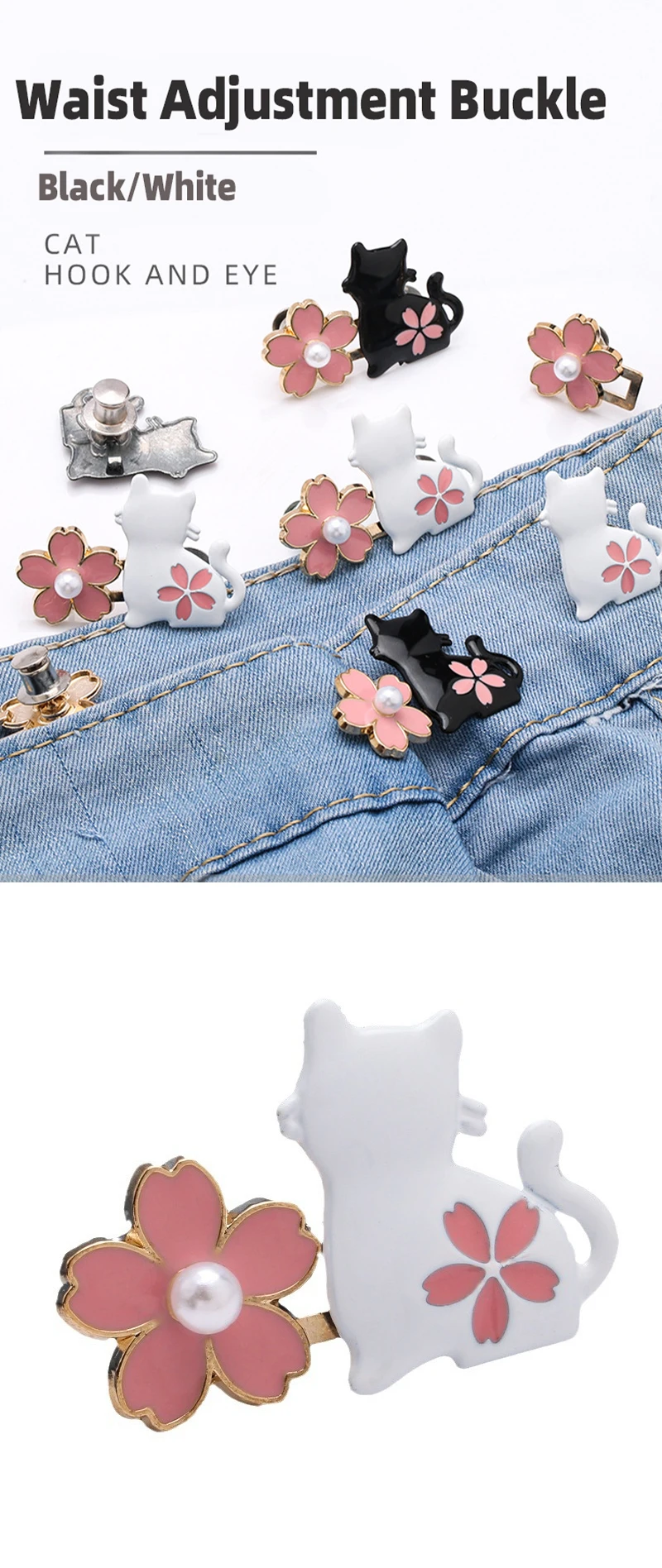 1 Pair No Sewing Adjustable Waist Clips Sakura Cat Trousers Waist Buckles for Jeans Pants Skirts Fit Reduce Waist Snap Button
