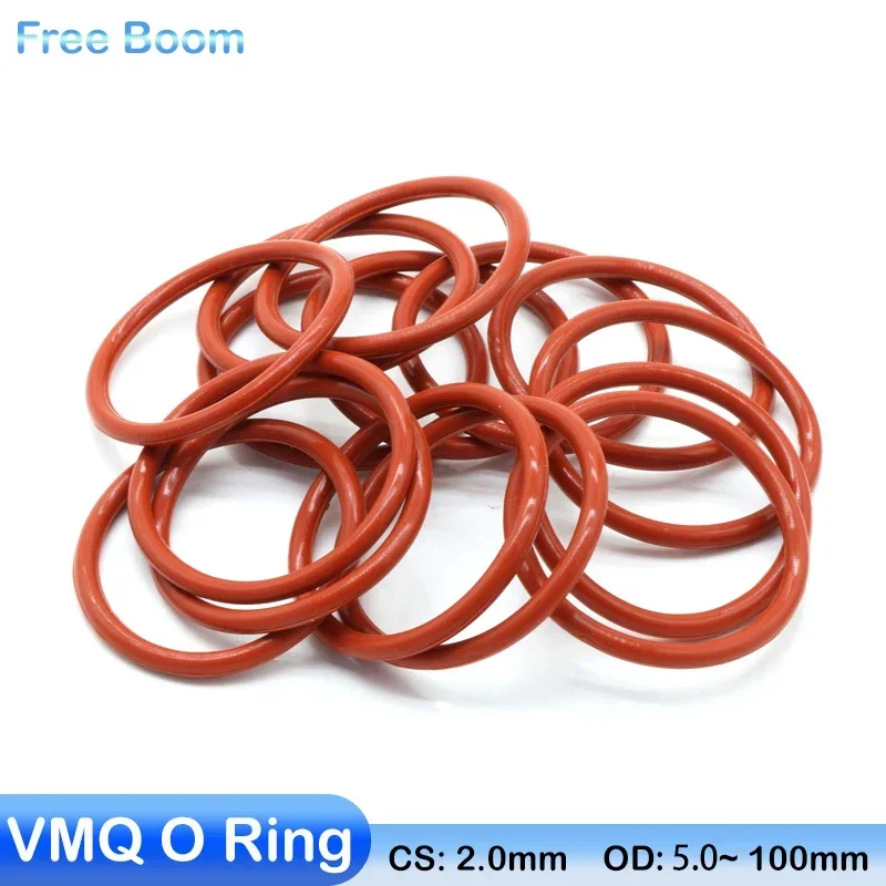 10/50Pcs Red Food Grade VMQ O Ring Gasket CS 2.0mm OD 5~100mm Waterproof Washer Round O Shape Rubber Silicone Ring Seal Tool