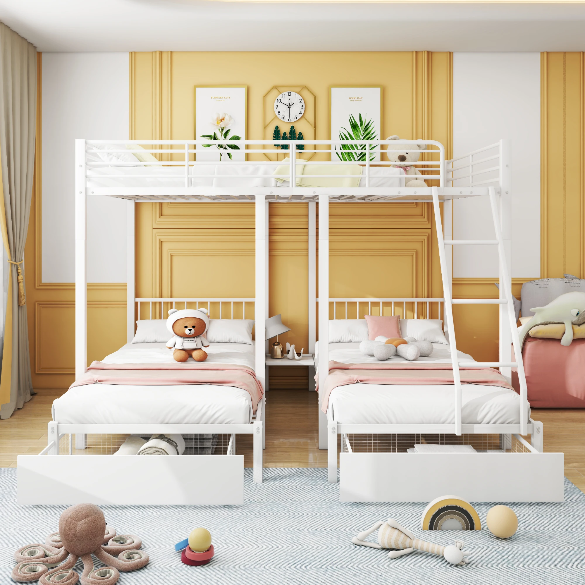 Lit de sol 140x200 & 90x200 cm, 2 tiroirs & Séparation en 3 lits, pour famille, gain de place, métal blanc, sans matelas