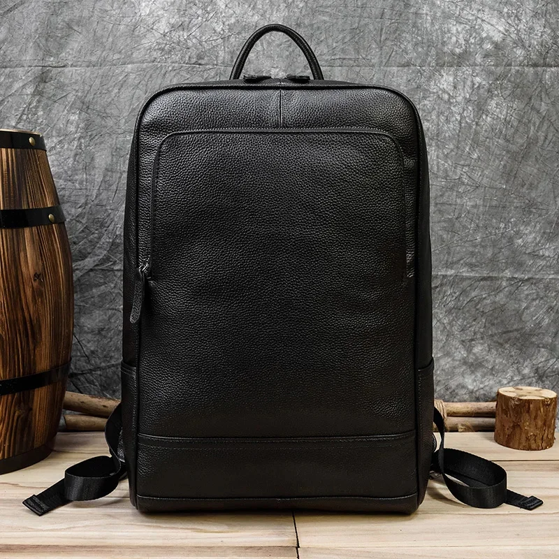 

Black Leather Laptop Backpack Fit 15.6" Computer Bag With USB Connector Cable Travel Men Male Cowskin Daypack