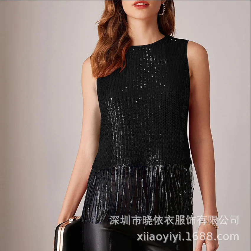 New Women's Sleeveless Sequin Fringe Decorated High Neck Vest Soft Comfortable Versatile Trendy Casual Commute Daily Wear Vest