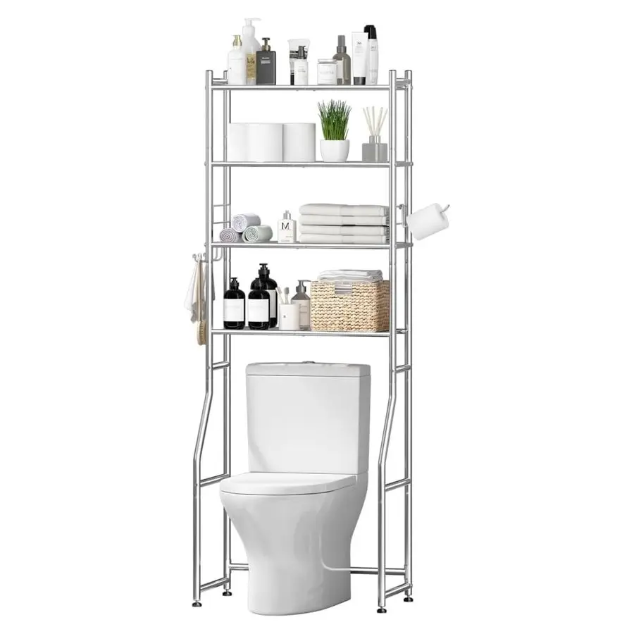 

The Toilet Storage Cabinet, Metal 4 Tier Bathroom Shelves Over Toilet, Bathroom Oragnizer with 4 Hooks and Paper Holder, Chrome