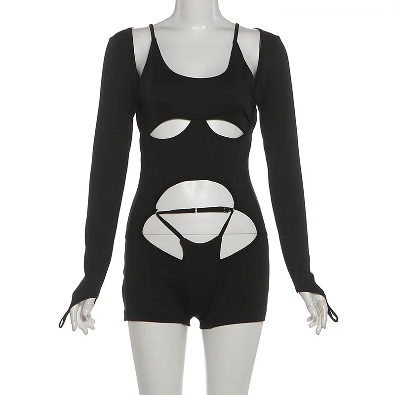 SylCue تصميم مجوف غير منتظم مثير بلايسوت امرأة منخفضة الرقبة كم كامل نحيل الخوخ الورك الساخن الفتيات الشارع البرية نمط السروال القصير #6