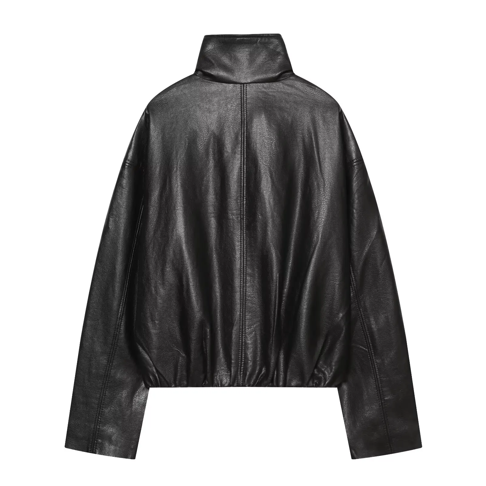 BSAY 2026 Women Faux PU Leather Stand Collar Oversized Bubble Hem Cropped Jacket Long Sleeve Loose Autumn Street Outerwear Coat