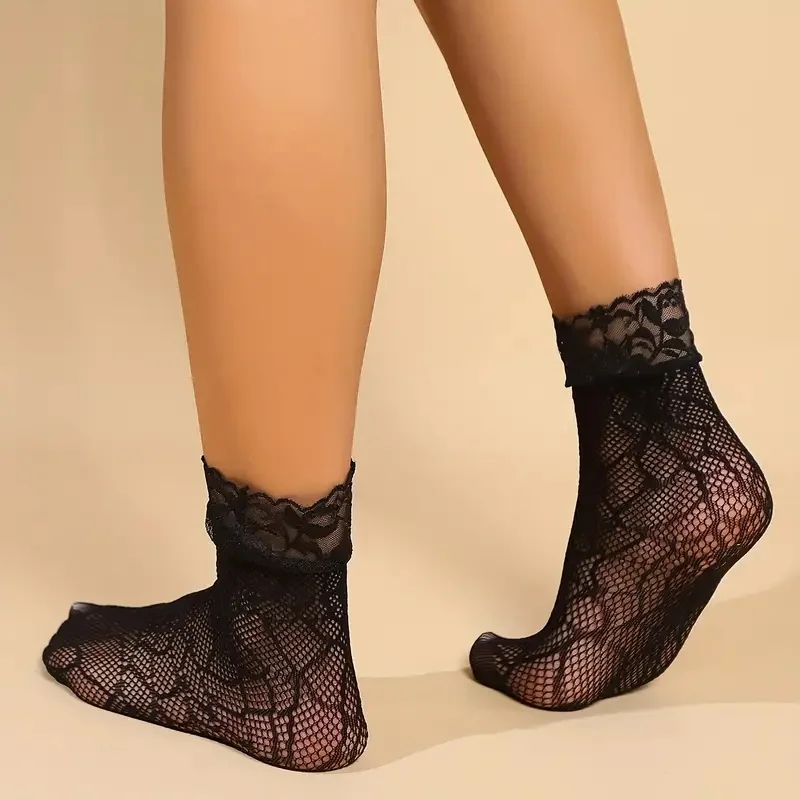 5 زوج/مجموعة المرأة الرجعية القوطية الصيف الأسود الدانتيل أعلى الأزهار شبكة صيد السمك الكاحل الجوارب سيدة الأسود النايلون قصيرة جوارب الدانتيل