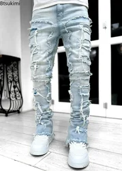 2026 Men's Fashion Hollow Out Ripped Jeans Streetwear Y2K Style Patchwork Design Straight Denim Trousers for Men Stretch Jeans