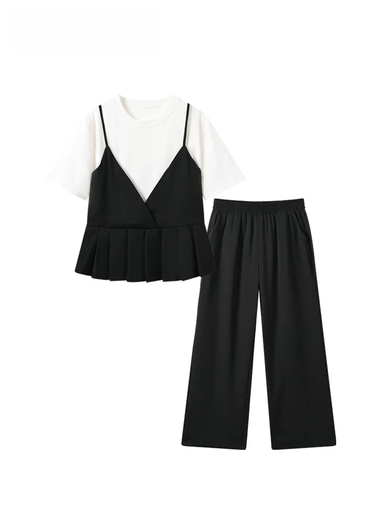 

plus Size Women's Fashionable Summer Two-Piece Set Short Sleeve T-Shirt Straight Leg Pants Small Fragrance Style plus Size Si...