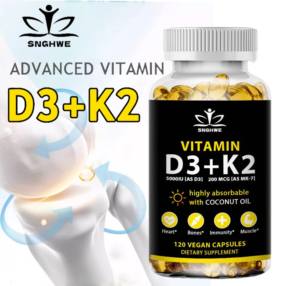 Suplemento de vitamina D3+K2 para apoyar la salud de las articulaciones, los dientes, los huesos y el inmunológico Fórmula sin OGM complejo de vitamina D y K fácil de rodar