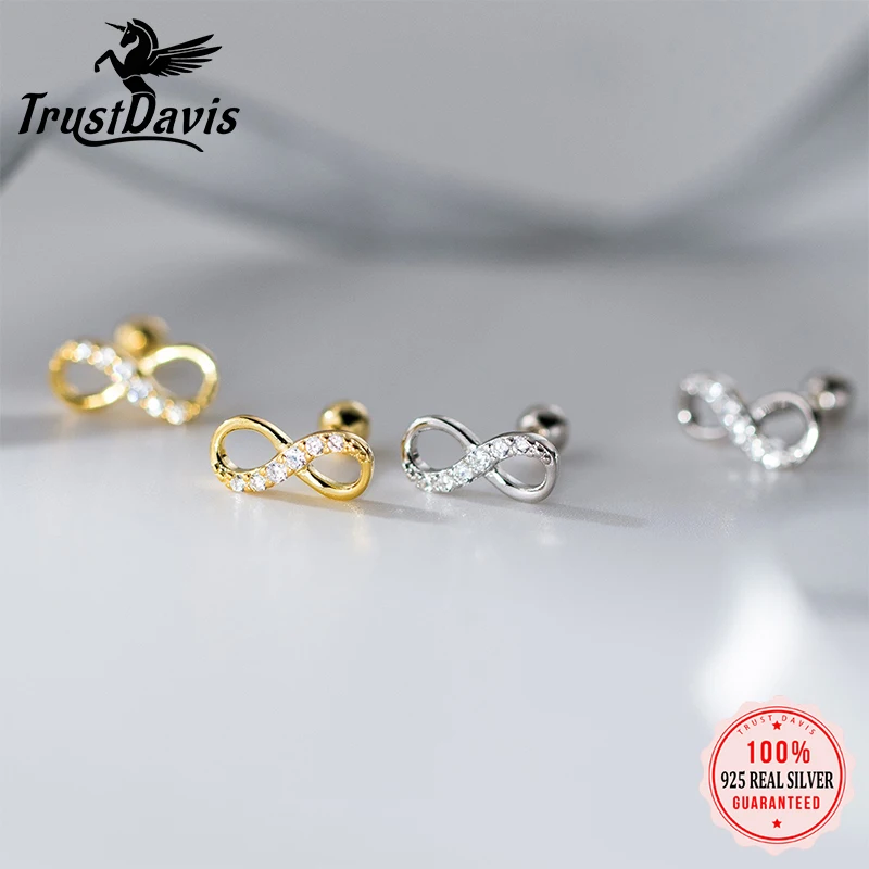 Trustdavis Real 925 Silver Fashion and Simple Zircon Infinity Stud Earrings for Women Daily Wear Fine Jewelry Gift DS4651