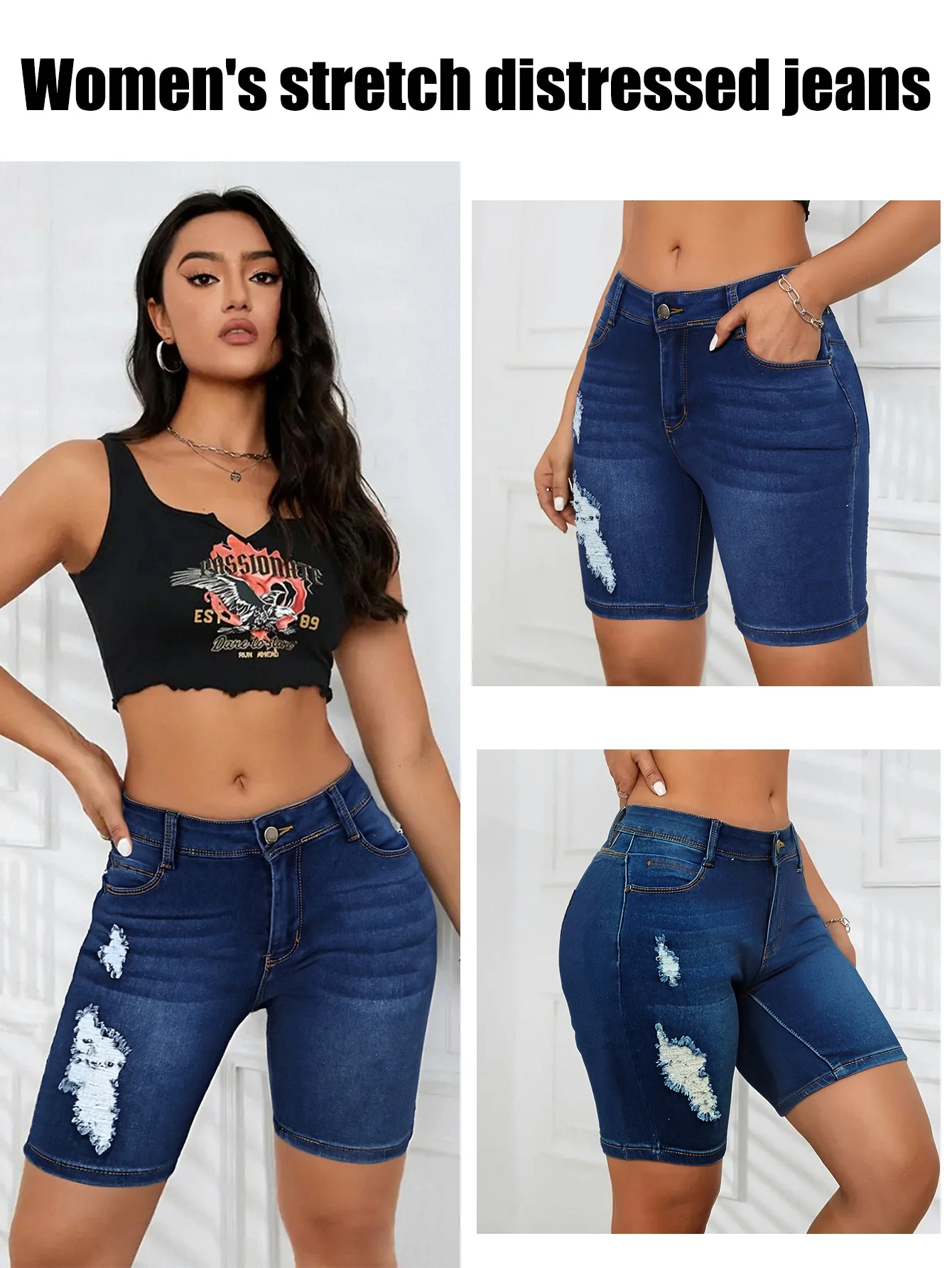 

Women's High - Waist Stretch Denim Shorts Dark Blue Distressed Knee - Length Jeans