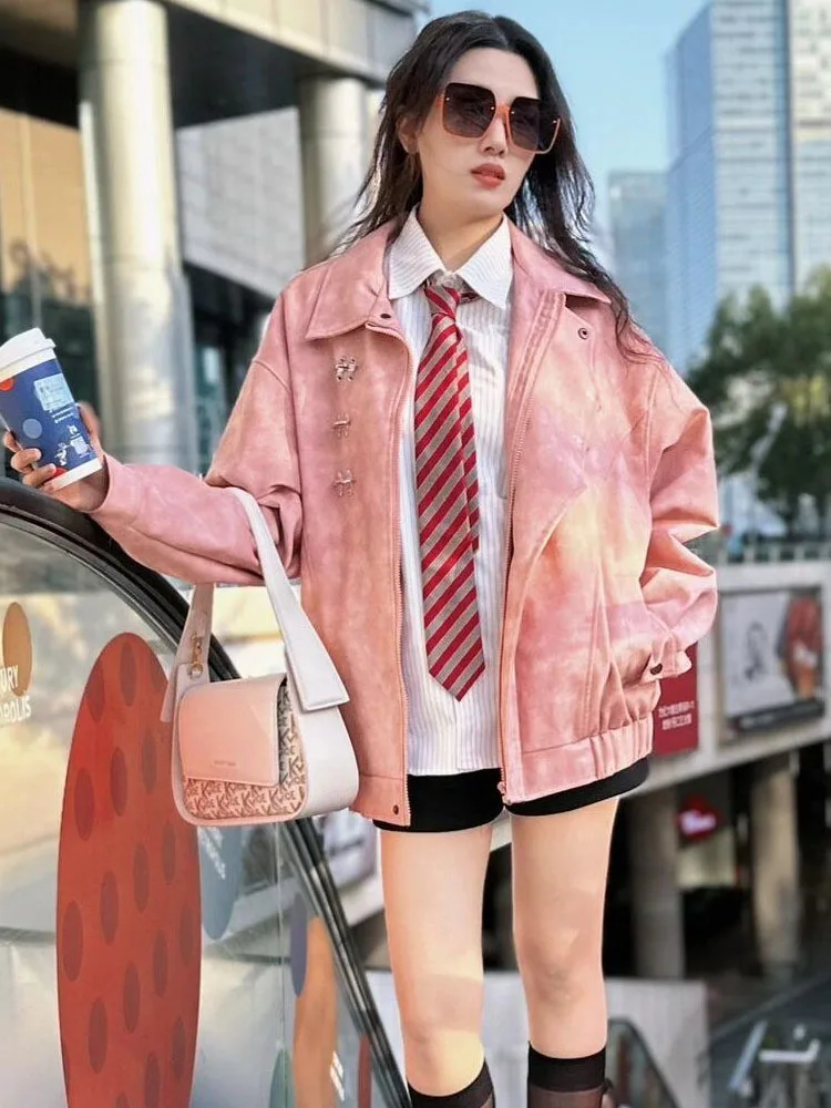 Pink Collar Suede Jacket For Women In Spring 2024 Leather Jacket Top Women Jacket New In Coats Leather Jacket Women Outerwears