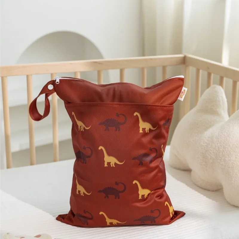 Dinosaur Print Baby Room Storage Hanging Bag, Dry and Wet Separation Double Waterproof Bag Wetbag