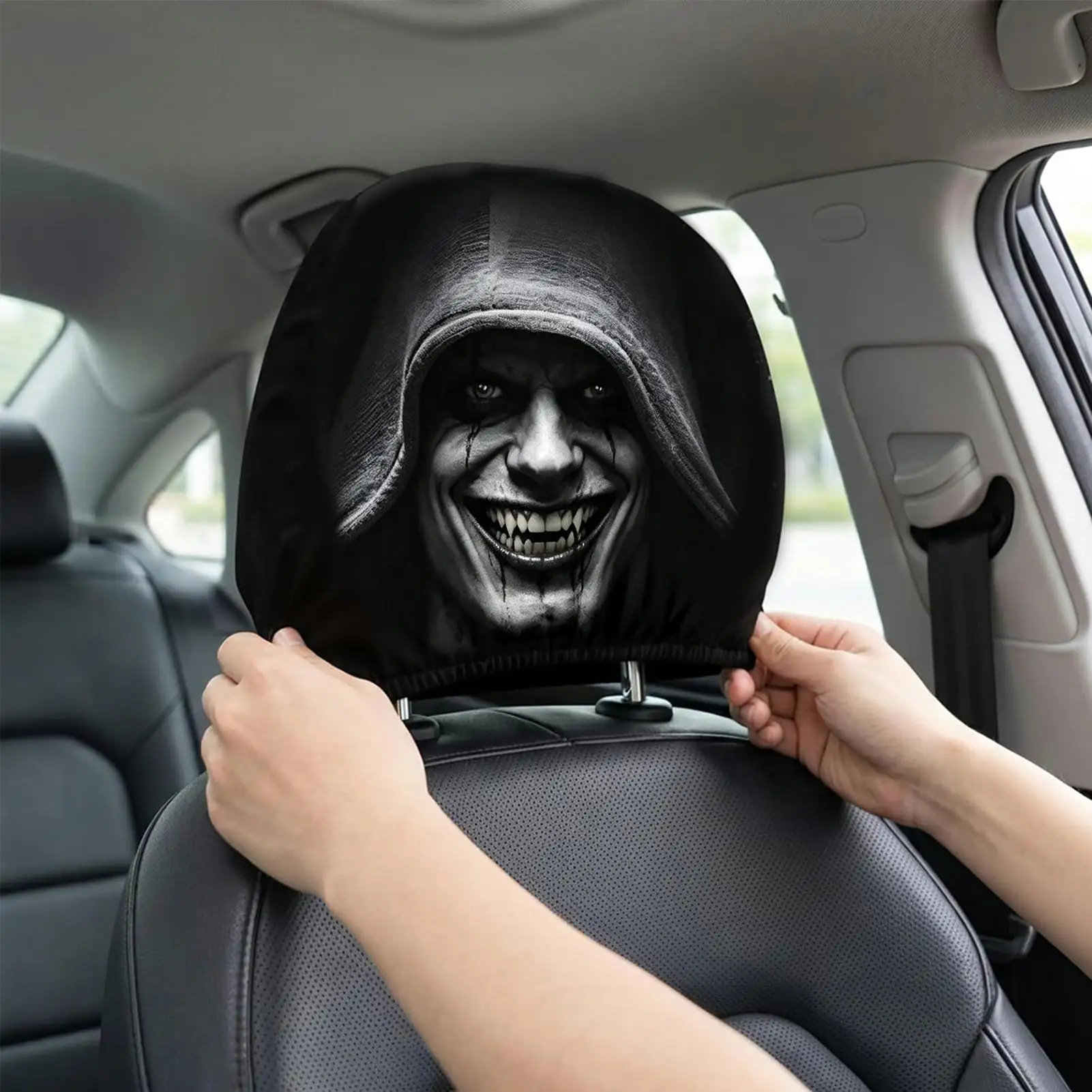 2Pcs/set Scary Car Headrest Covers car seat headrest protectors scary face seat headrest dust covers for Trip Travel Daily Drive