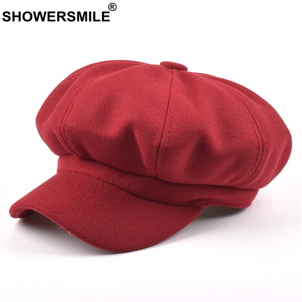 SHOWERSMILE Female Beret Wool Newsboy Cap Red Hats for Women Khaki Ladies Baker Boy Hat Autumn Winter Vintage Octagonal Cap