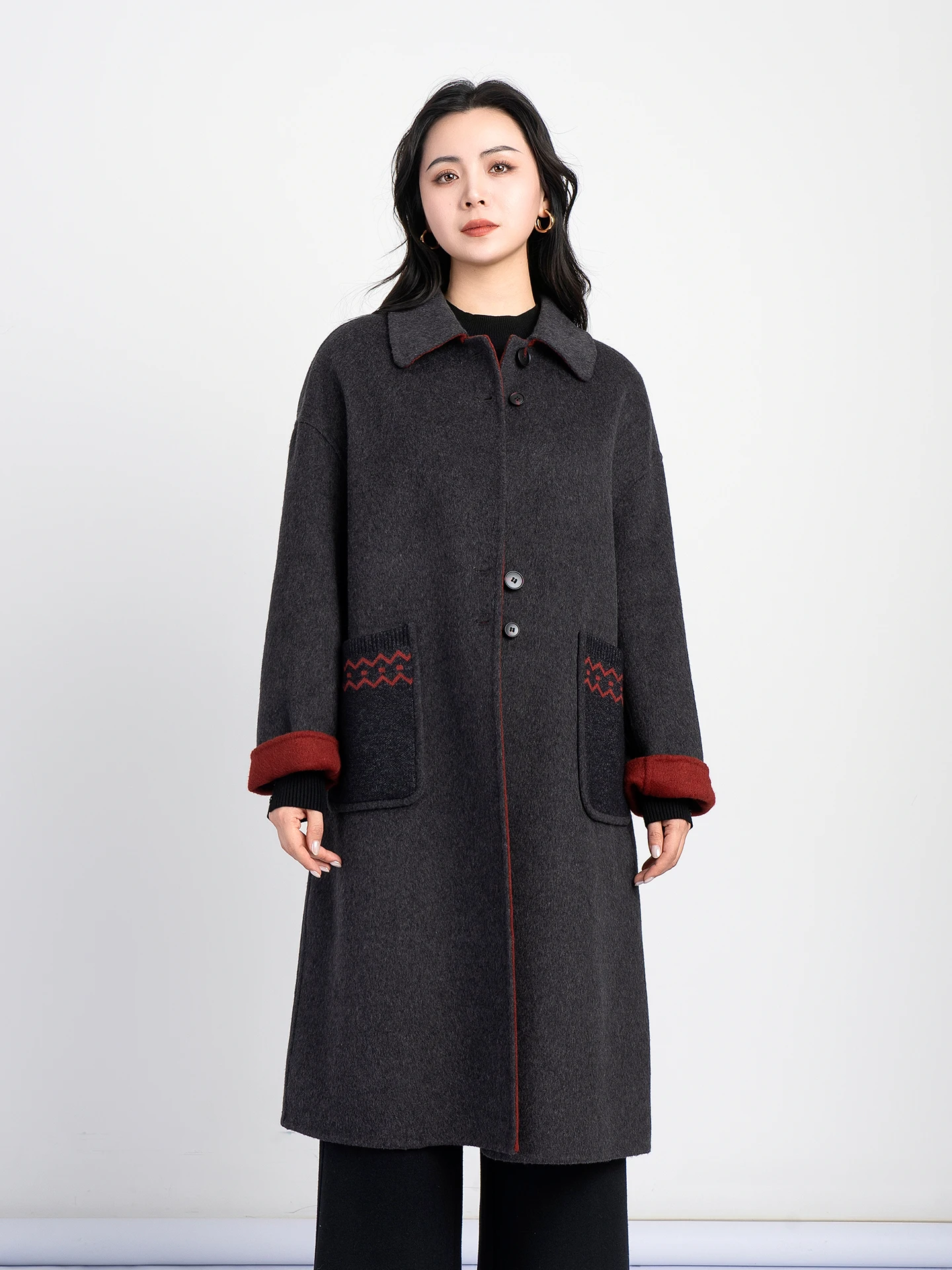

Ele Double-Faced Woolen Coat for Women Mid-Length Turn-down Collar Color Blo Winter Faion Outerwear by Yanzi Clothing
