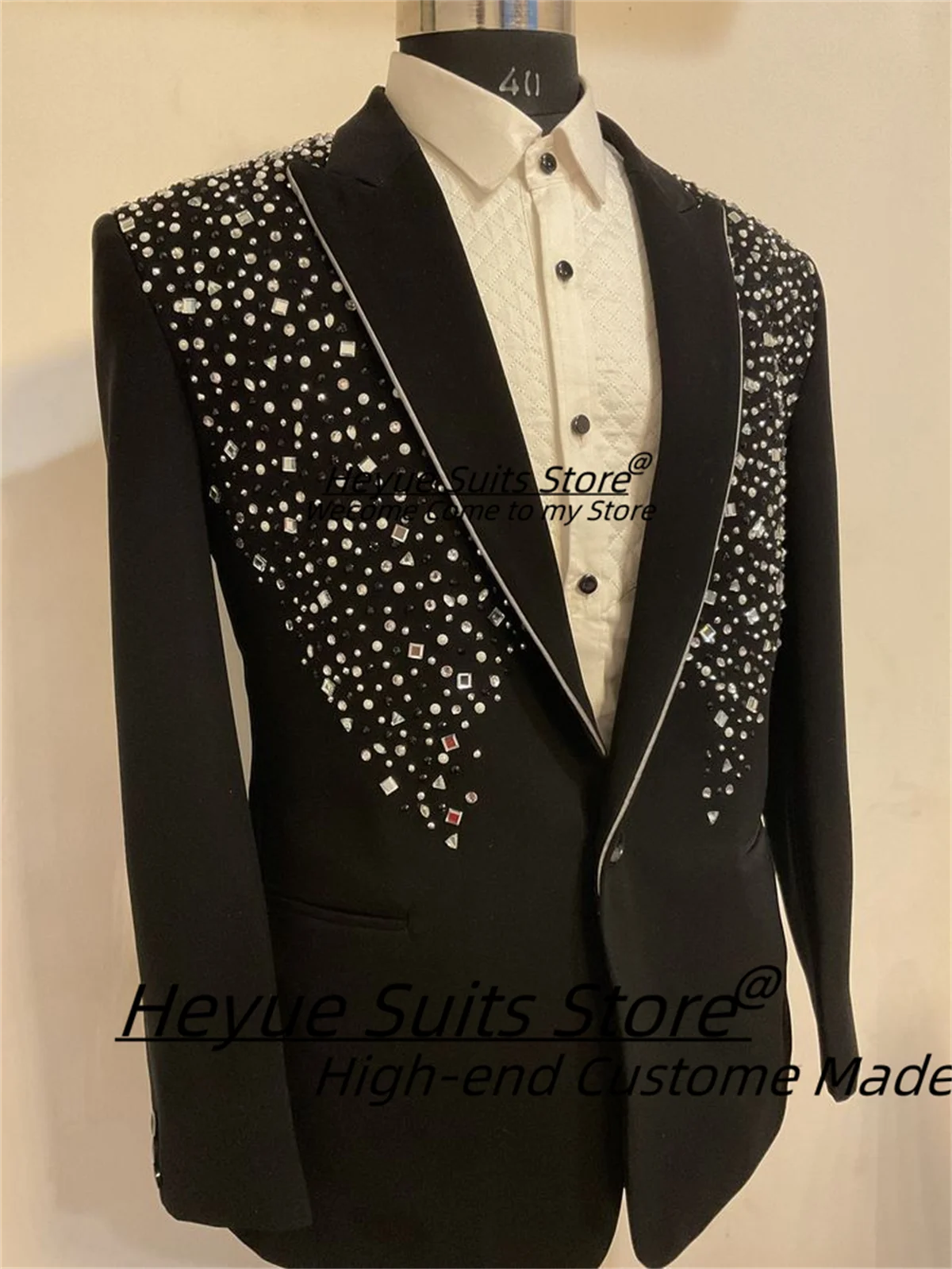 Gorgeous Diamond Crystal Elegant Men Suits Customized Slim Fit Peak Lapel Groom Wedding Tuxedos Male Shiny Blazers Costume Homme