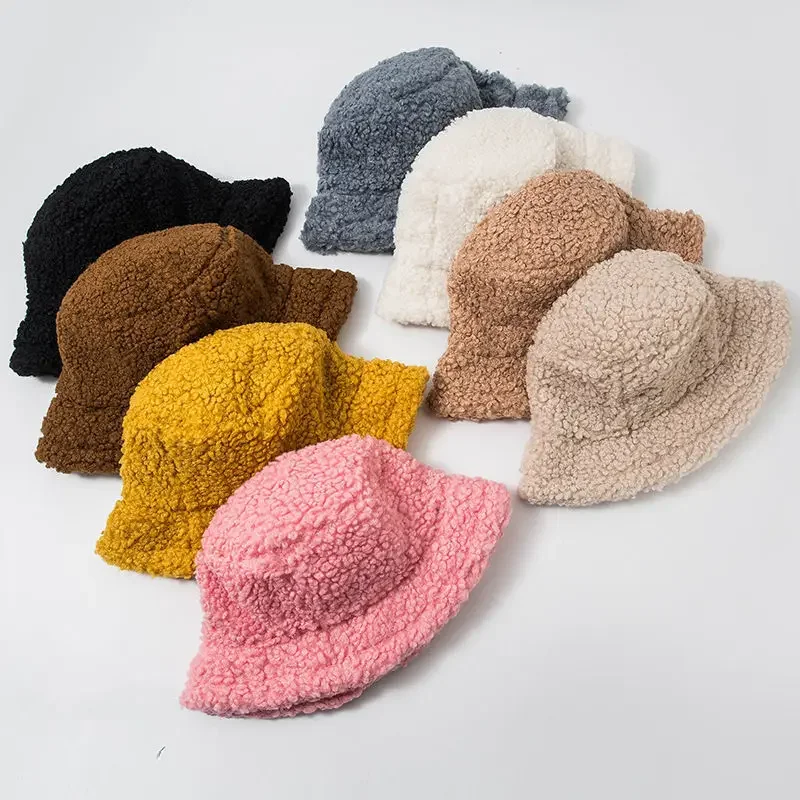 Unisex Lamb Wool Faux Fur Bucket Hat Winter Warm Teddy Velvet Hats for Women Lady Thicken Bob Panama Outdoor Fisherman Hat Caps