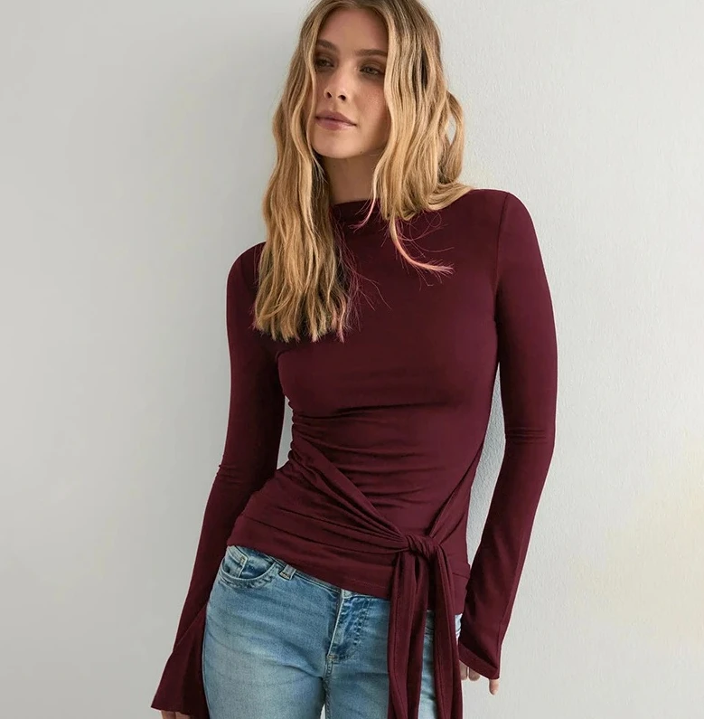 

Women'S Fall New Arrival Round Neck Solid Color Bell Sleeve Waist-Defining Drape Tie-Front Top Chic Casual Streetwear