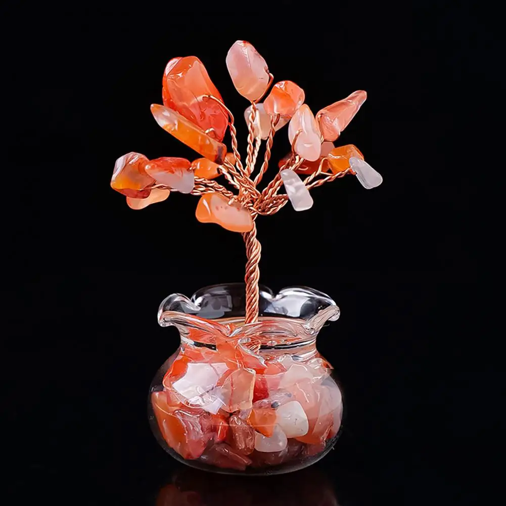 Mini Money Tree Figurine Wire Tree Decoration Handmade Faux Money Tree Figurine Natural Stone Wealth Statue Feng Shui for Home