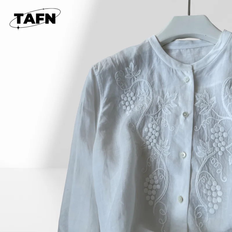 جديد النمط الصيني العنب الكرمة قميص كتان المرأة تونك بلوزة خفيفة الوزن طويلة الأكمام قميص عمال تونك BlouseAH0180