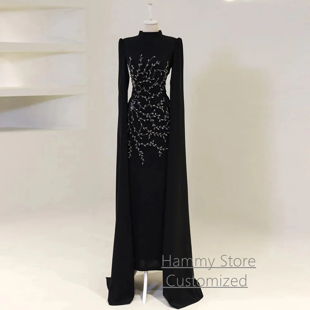 Fashion Burgundy Prom Dress Customized High Neck Long Sleeves Crystal Beading Arabian Party Gown Dancing Evening Dresses