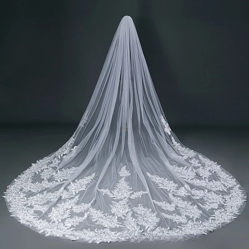 New handmade lace row flower trailing long veil bridal wedding dress headgear photo wedding ceremony hair comb big veil