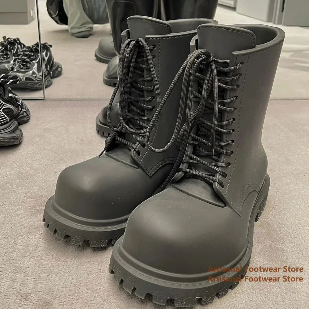 

Black Leather Motorcycle Men's Boots Round Toe Height Increasing Lace Up Work Boots British Style Designer Men Shoes Botas Mujer