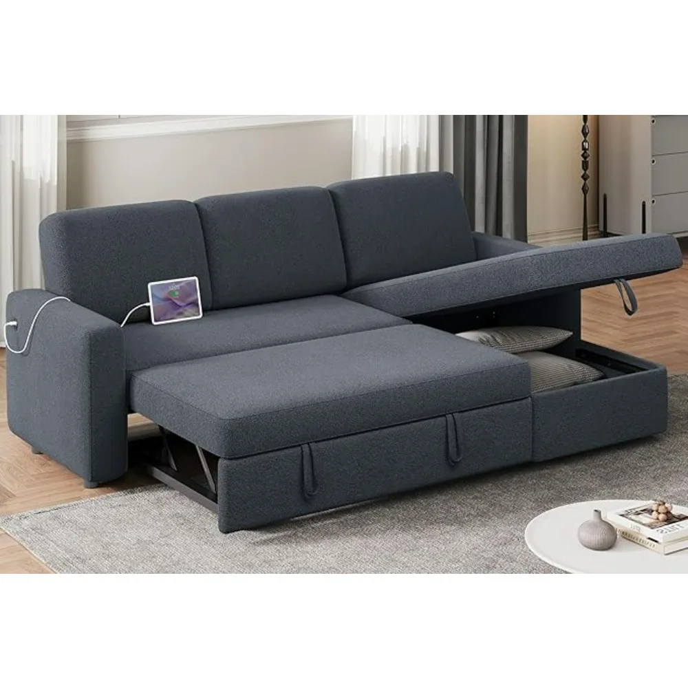 Sectional Sofa, L-Shaped Sofa Couch Bed Chaise & USB,  W/Pull Out Bed & Storage Space Fabric, Reversible Couch Sleeper Sofas