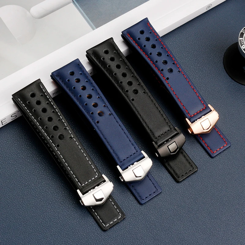 Breathable Genuine Leather Watchband 22mm For TAG HEUER MONACO CARRERA CBL2115 Men\'s Leather Watch Strap Folding Buckle Bracelet