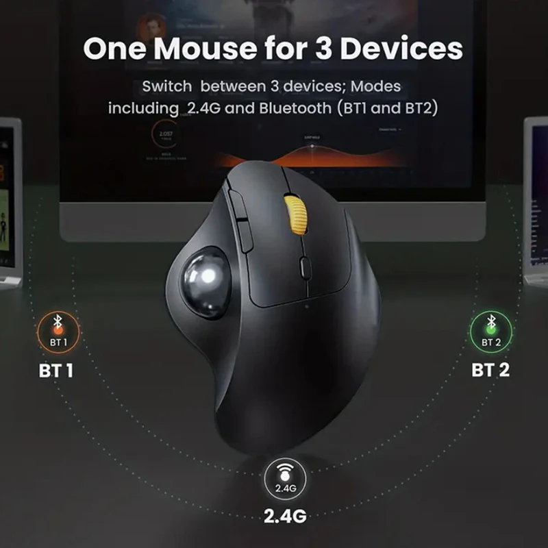 2.4G + Bluetooth Trackball Mouse Wireless Rechargeable Ergonomic Easy Thumb Control Tracking Mouse Gaming Computer