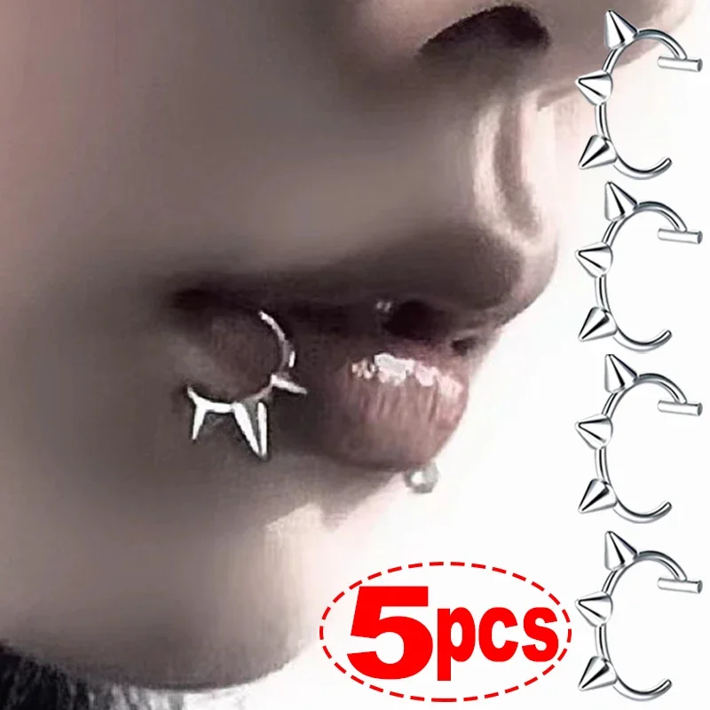 5/1pcs Punk Nose Ring Stainless Steel C Shaped Fake Lip Ring Rivet Clip on Non Body Piercing Hoop Ring for Women Men Non-Pierced