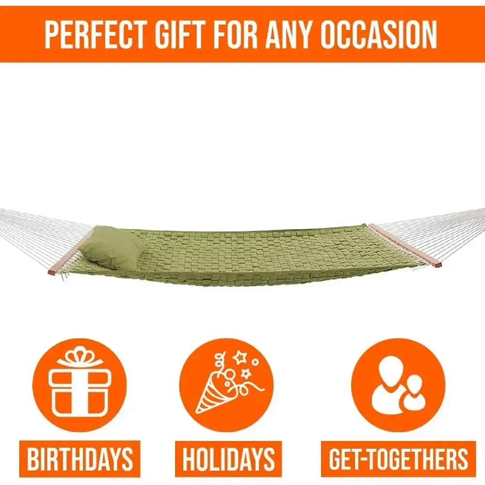 Double Person Green Woven Hammock with Pillow, Bag, Chains & Hooks, 450 lbs, 13 ft x 55 in.